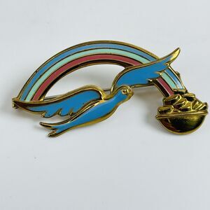 Vintage Enamel Blue Bird Rainbow Pot of Gold Brooch Pin Fashion Jewelry Art Deco
